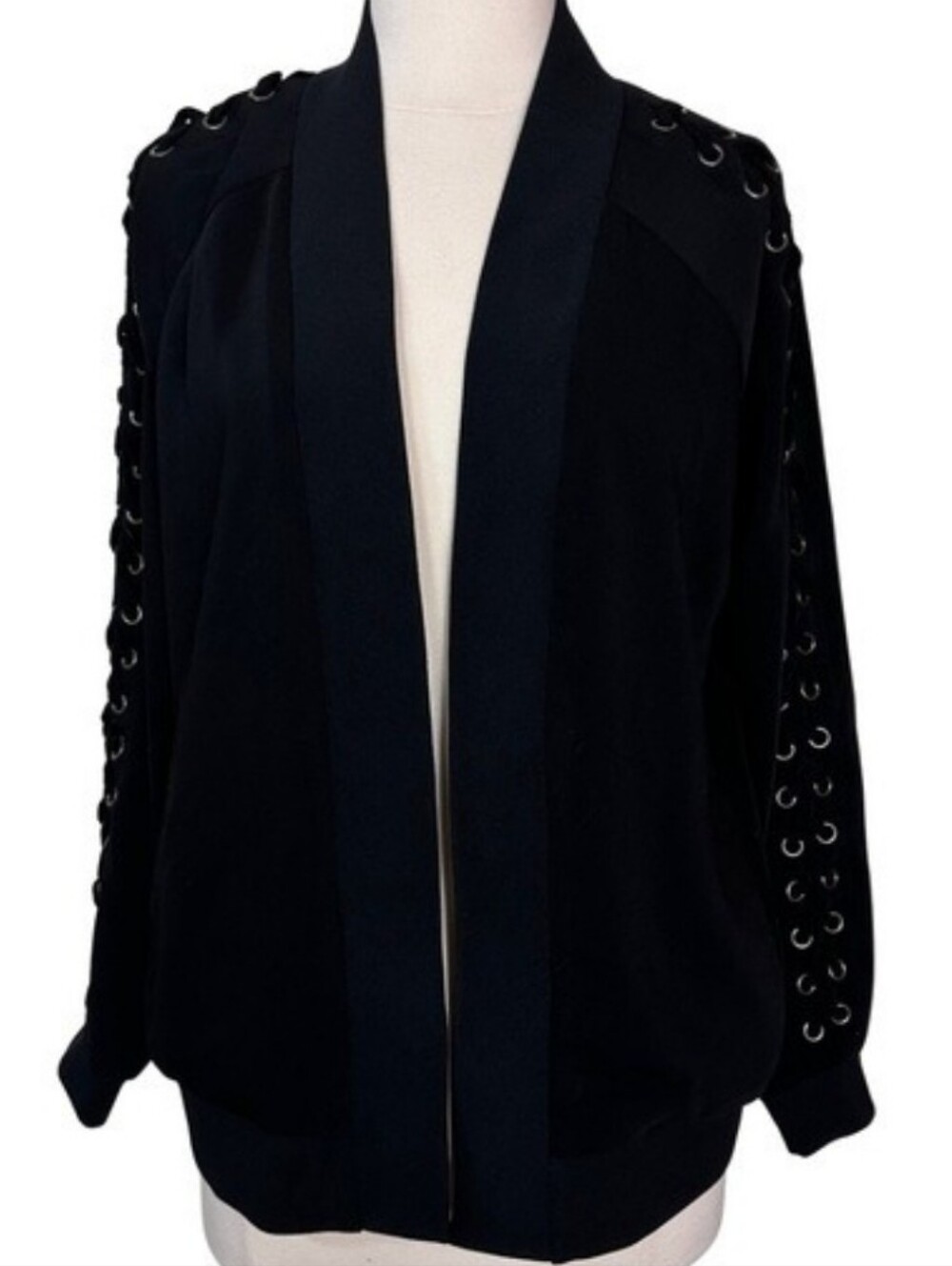 Catherine Malandrino Open Front Grommet Laced Sleeve Relaxed Jacket Black Size M